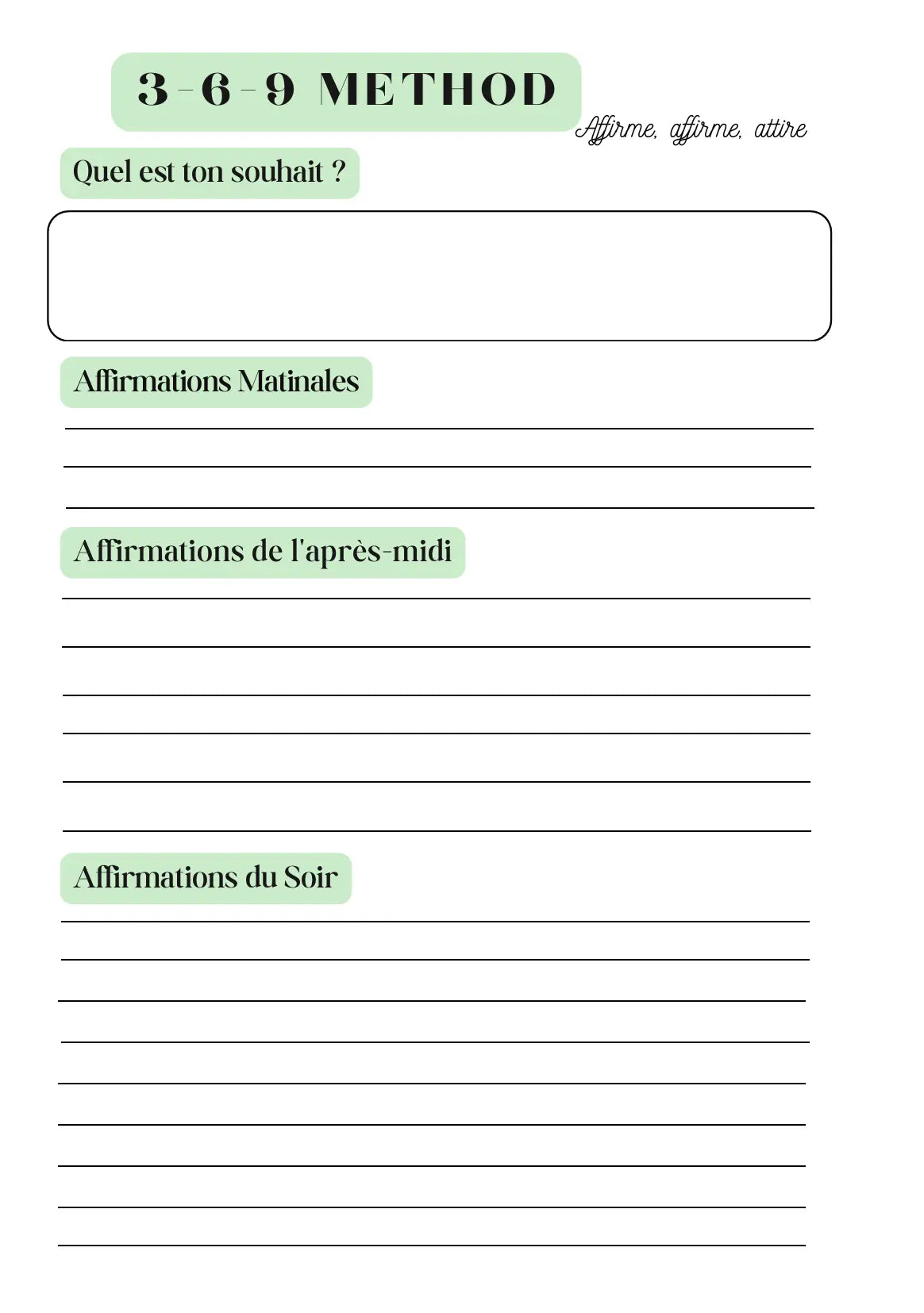 Page Planner d’Affirmations Méthode 3-6-9 Papeline avec sections pour écrire affirmations quotidiennes