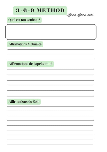Page Planner d’Affirmations Méthode 3-6-9 Papeline avec sections pour écrire affirmations quotidiennes