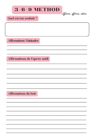 Page Planner d’Affirmations Méthode 3-6-9 Papeline avec sections pour écrire affirmations quotidiennes
