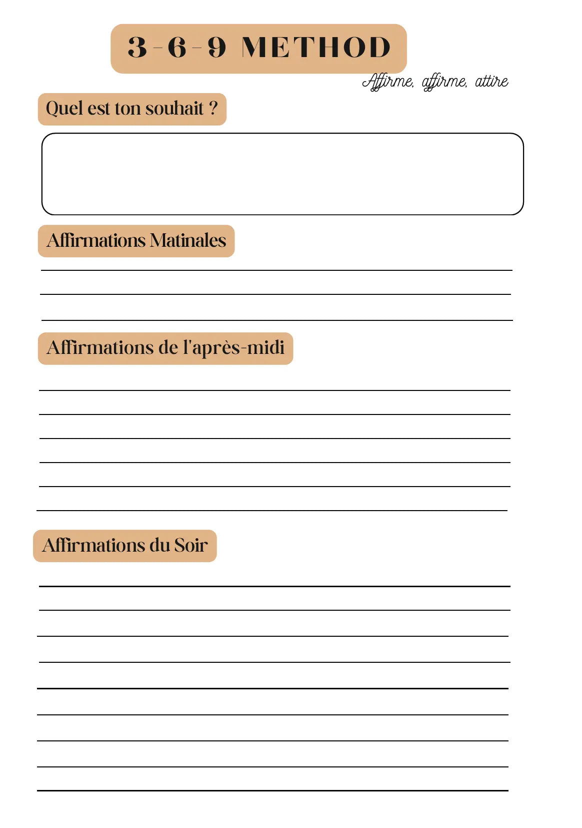 Page Planner d’Affirmations Méthode 3-6-9 Papeline avec sections pour écrire affirmations quotidiennes
