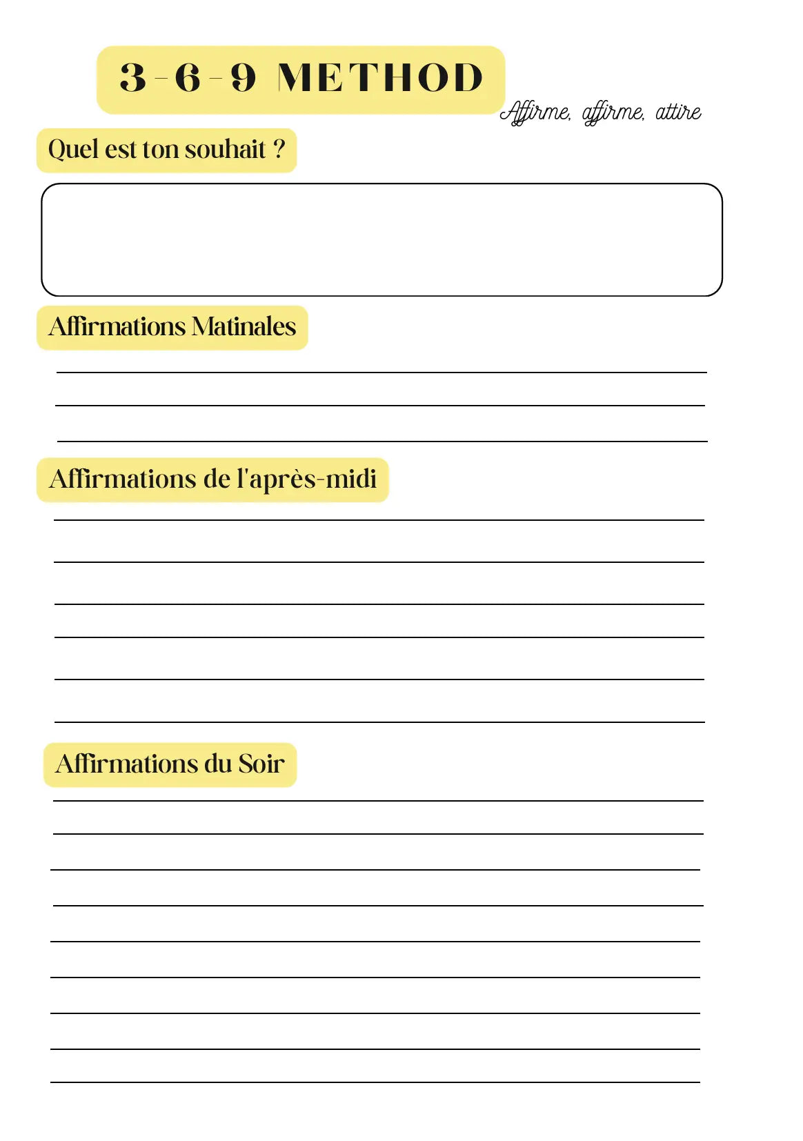Page Planner d’Affirmations Méthode 3-6-9 Papeline avec sections pour écrire affirmations quotidiennes