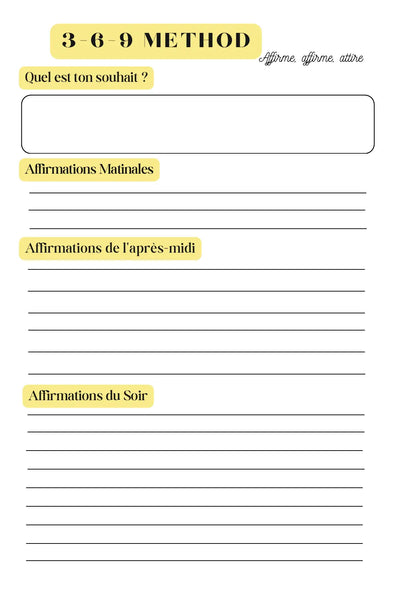 Page Planner d’Affirmations Méthode 3-6-9 Papeline avec sections pour écrire affirmations quotidiennes