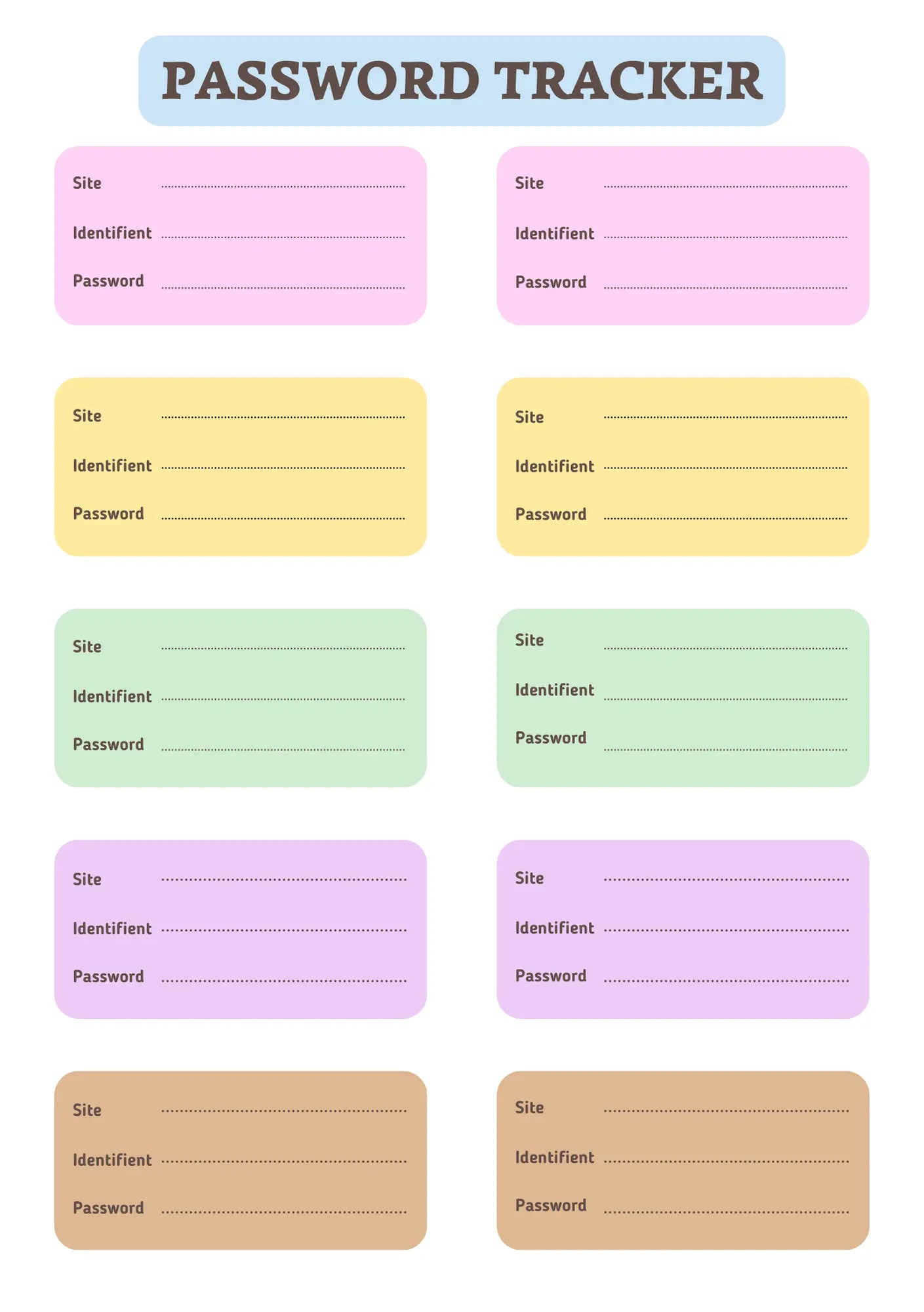 Page Password Tracker Papeline avec tableau pour sites, identifiants, e-mails et mots de passe organisés
