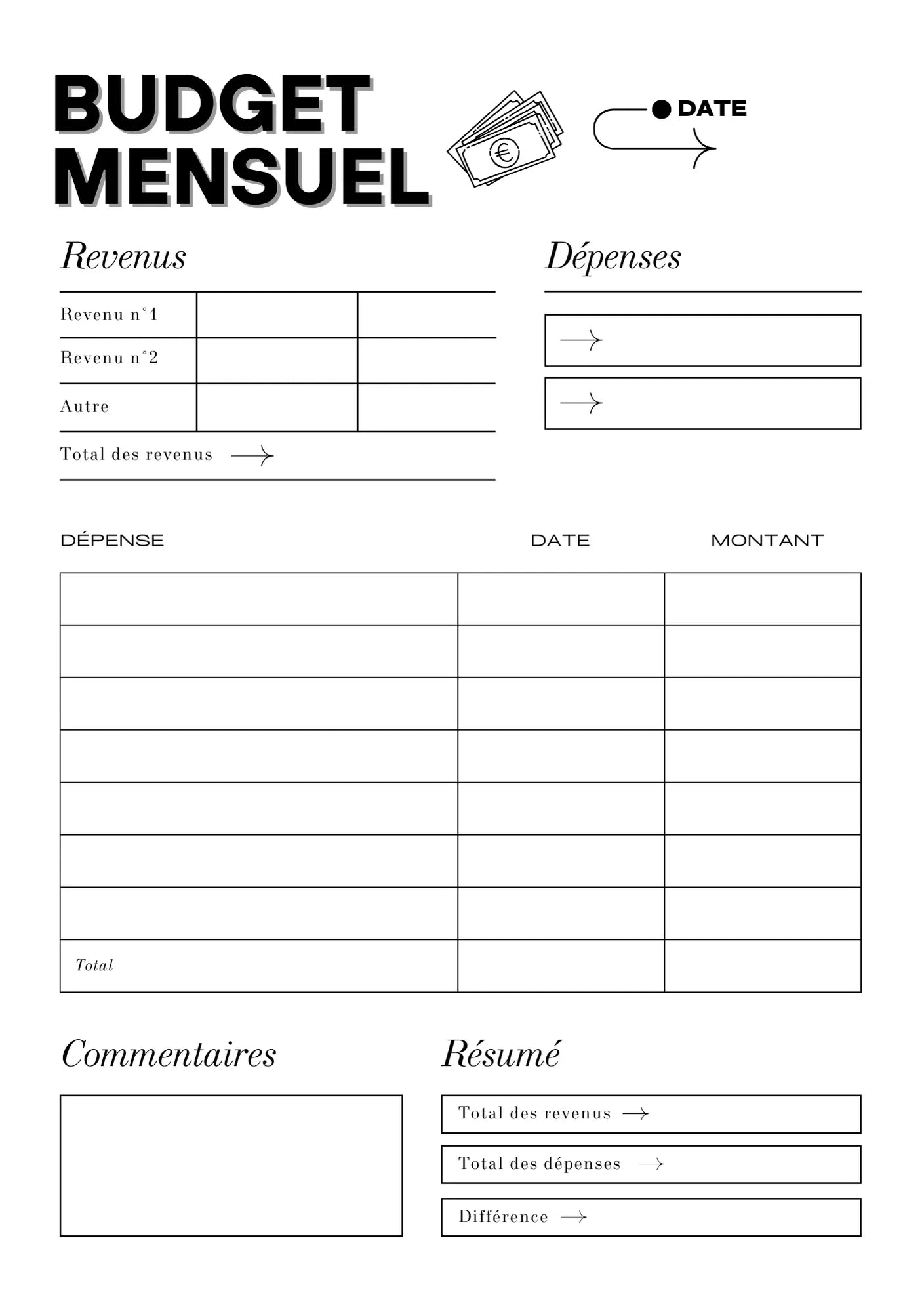 Page Budget Mensuel Papeline avec tableau de suivi des revenus, dépenses et économies 
