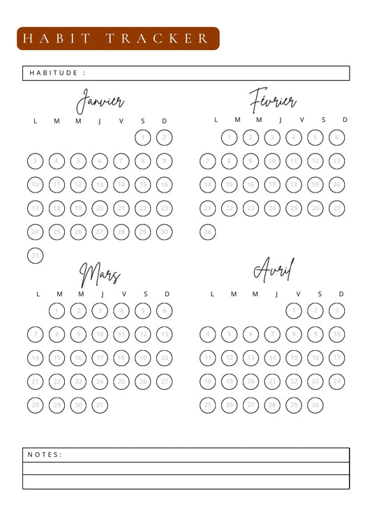 Page Habit Tracker Papeline avec tableau mensuel et cases à cocher
