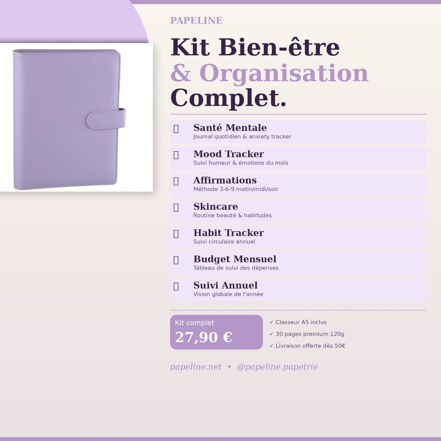 Papeline - Kit Bien-Être | Classeur A5 + 30 pages self-care
