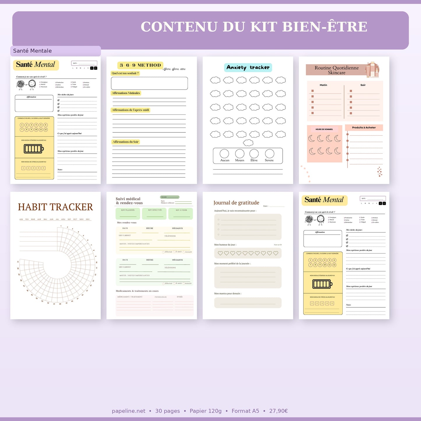 Papeline - Kit Bien-Être | Classeur A5 + 30 pages self-care