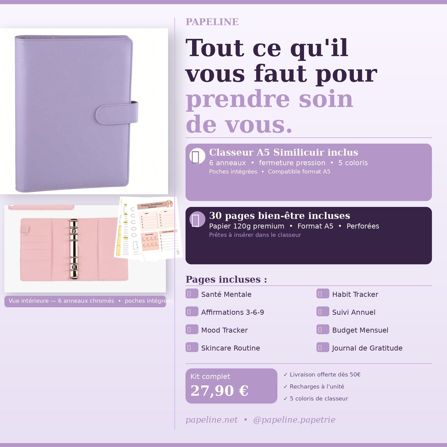 Papeline - Kit Bien-Être | Classeur A5 + 30 pages self-care