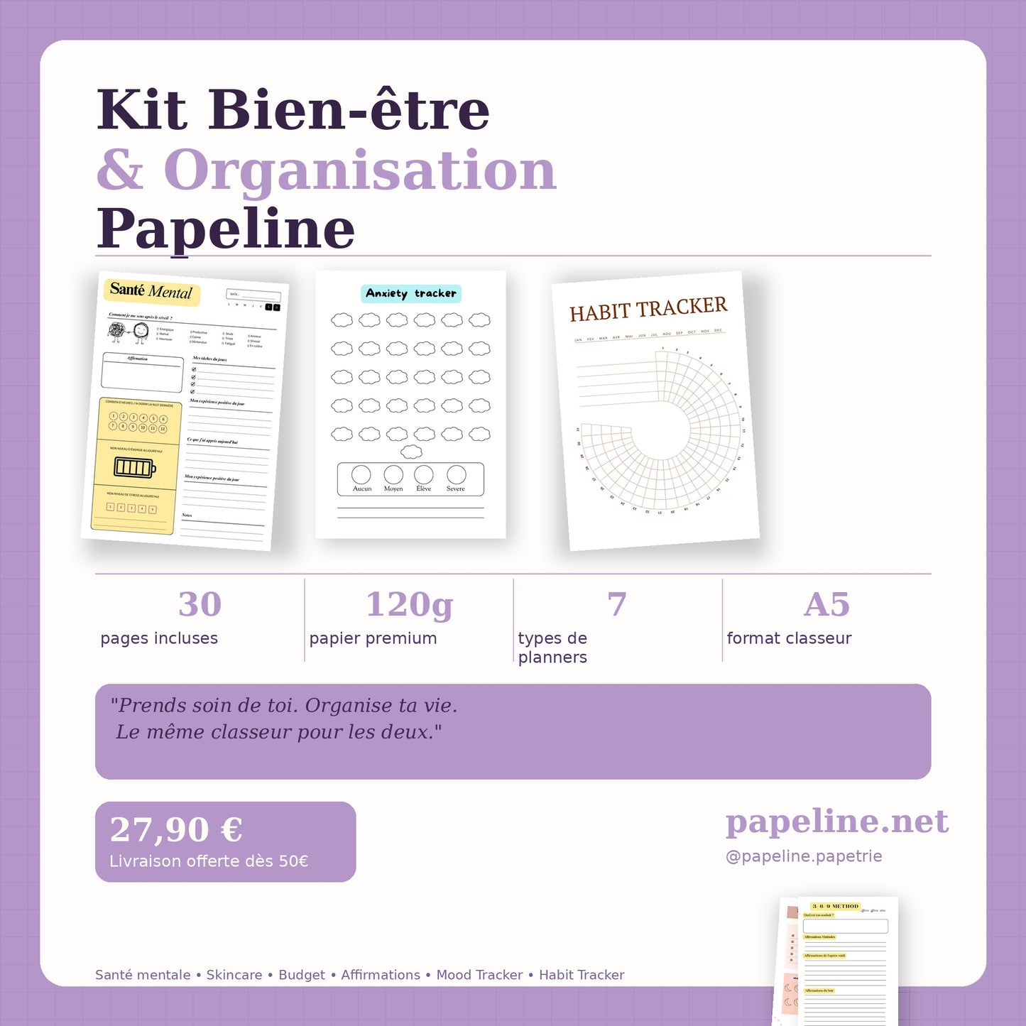 Papeline - Kit Bien-Être | Classeur A5 + 30 pages self-care