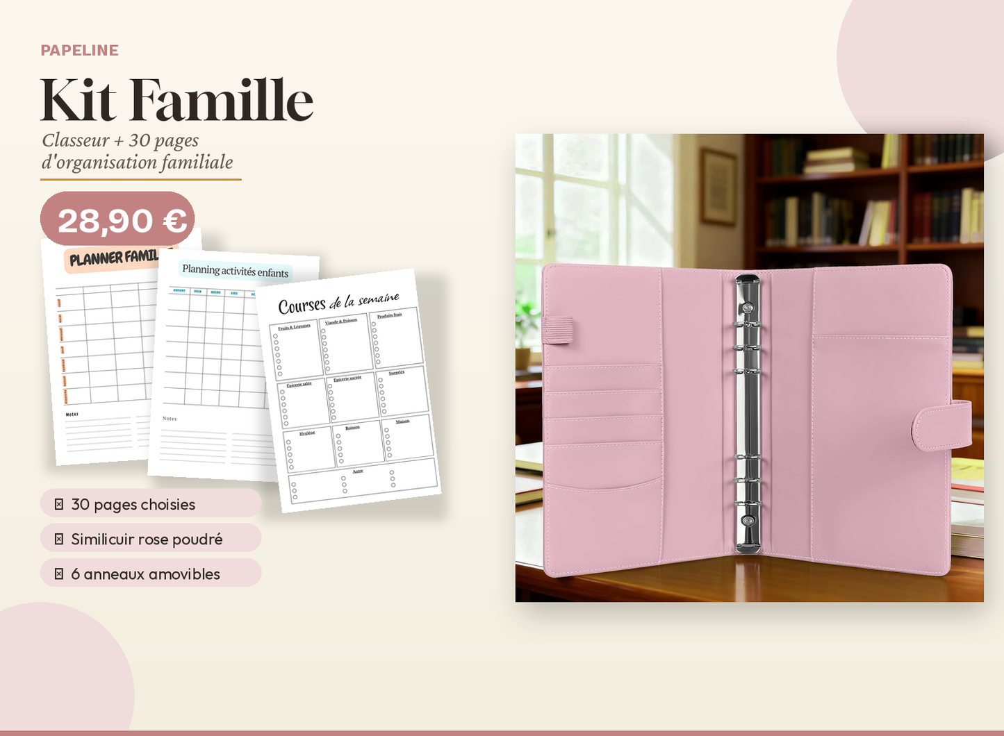 Kit Famille Papeline avec classeur A5 et 30 pages d’organisation familiale
