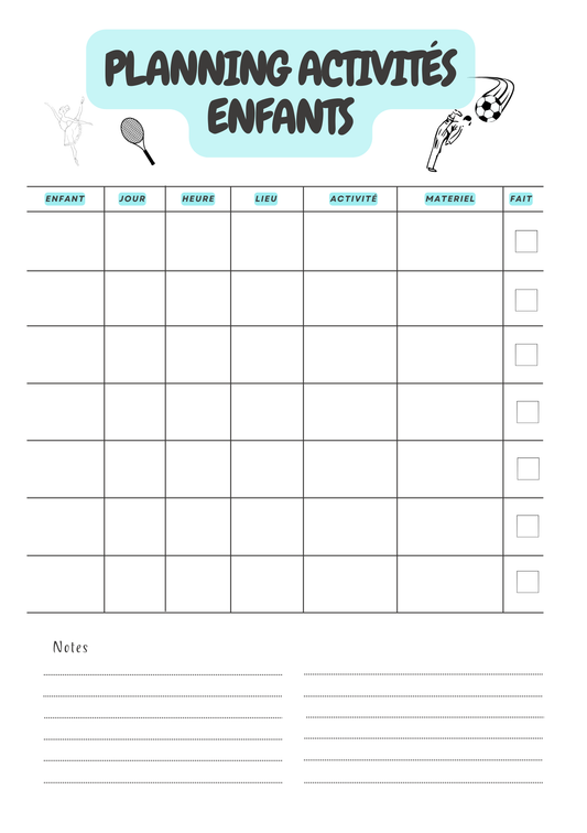 Planning activités enfants avec tableau pour jours, horaires, activités, matériel et cases à cocher
