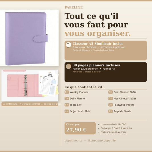 Papeline - Kit Organisation | Classeur A5 + 30 pages planners