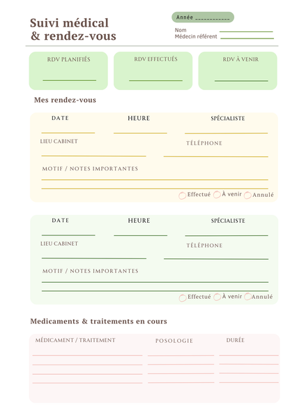 Page Suivi Médical Papeline avec tableau rendez-vous, spécialiste, statut et section médicaments
