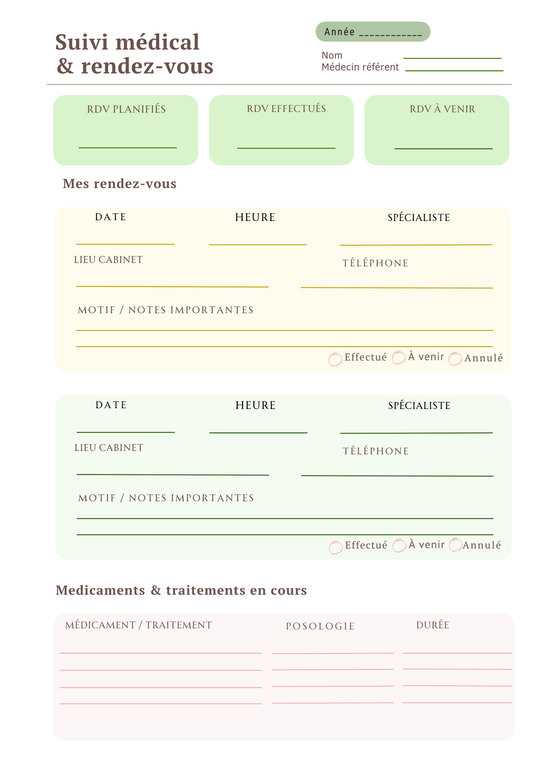 Page Suivi Médical Papeline avec tableau rendez-vous, spécialiste, statut et section médicaments
